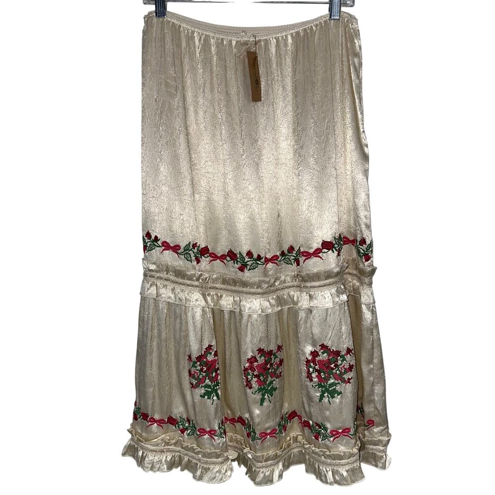 NWT Natural Life Delilah Ivory Satin Embroidery Vintage Western Midi Skirt L